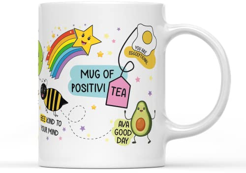 SMARTYPANTS Positivi-Tea Mug Tea Coffee Cup - Rainbow Cute Cartoon Avacado Pun Fun Daily Affirmation Positive Vibes Good Day Bee Kind Kitchen Decor Gifts Presents (White