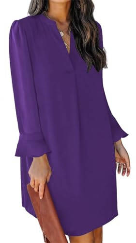 JOCAFIYE Damen Casual Kleid Langarm V-Ausschnitt Kleid Rüschen Puff Ärmel Kleid Frühling und Herbst Lila M