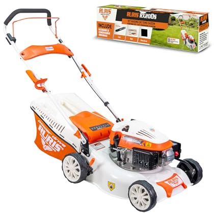RURIS Tondeuse à Gazon RX200S, Thermique 2,7 CV, 42 cm, Sac 45L, 3 en 1: Collecte, Éjection Arrière, Mulching, Châssis Acier, Hauteur Réglable 25-75 mm, Kit Inclus: Lame, Bougie, Filtre à Air