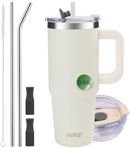 SUNTQ 850ml/30oz Tumbler mit Griff, Doppelwandige Vakuum Isolierte Wasserflasche mit Stroh und Deckel, Edelstahl Reise Kaffeebecher, Thermische Tasse für Getränke, Fit in Becherhalter(Off-white)