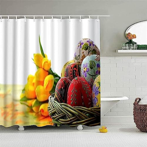 Coloured Eggs Extra Long Shower Curtain Mould Resistant Easter Bathroom Curtains Shower 3D Wet Room Shower Curtains 200x200 cm Washable Polyester Fabric Bath Curtain With 12 Hooks