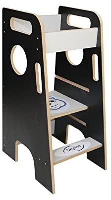 Skyline Torre di Apprendimento Libreria Montessoriana per Bambini Scaletta Pieghevole Tavolino Sedia Torretta Pieghevoli Scrivania Sgabello Tavolo Kitchen Helper Learning Tower nero/bianco con orso