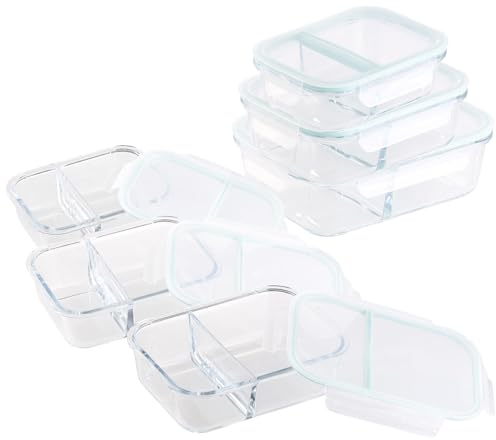 Rosenstein & Söhne Mikrowelle Geschirr: 6er-Set Glas-Frischhaltedosen, Klick-Deckel, 2 Kammern, -40 bis 450 °C (Frischhaltedosen mit Trennwand, Glasdose mit Deckel Mikrowelle)