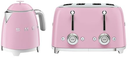 Smeg 50’s Style Retro Range Breakfast Set, 0.8L 1400W Mini Kettle and Multi-Functional Control 4-Slice 2000W Toaster, Pastel Pink, KLF05PKUK/ TSF03PKUK