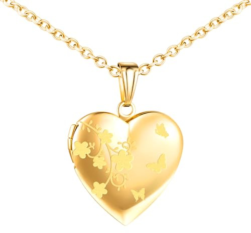 MICMIF Collier Médaillon Cœur avec Fleurs et Papillons, Acier inoxydable Pendentif Porte Photo Médaillon pour 2 Photo Personnalisé Pendentif avec Chaîne 50cm Bijoux pour Femme Filles