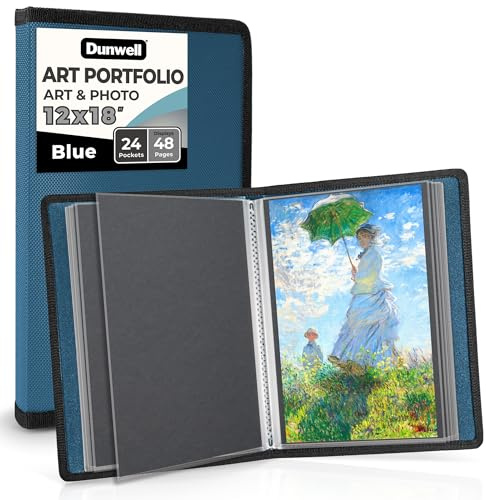 Dunwell Portfolio artistique de 30,5 x 45,7 cm avec papier de montage, bleu, grand porte-documents pour affichages d'œuvres d'art, 48 pages, dossier de présentation avec pochettes en plastique