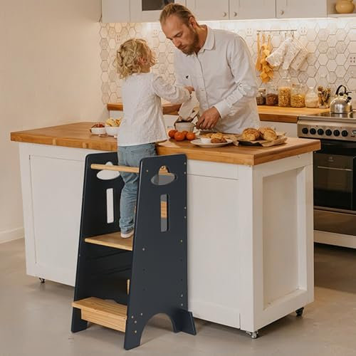 COSYLAND Lärotorn från 18 Månader – 6 År för Barn – Höjdjusterbar Stegpall för Köket – Stabilt Lärotorn för Barn, Justerbar i 3 Steg – Träfärg/Grå