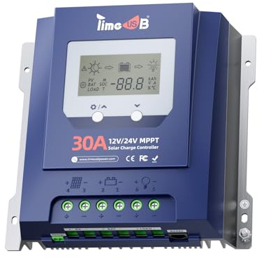Timeusb 12V/24V 30A MPPT Régulateur de Charge Solaire pour Batterie Lithium | Reconnaissance Automatique 12/24V & Efficacité de Suivi à 99%,Contrôleur avec Écran LCD pour Plomb-Acide
