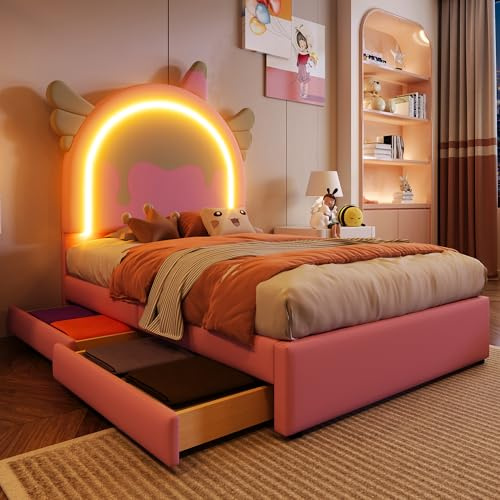 Azkoeesy Kinderbett mit 2 Schubladen, 90x200 cm, Rosa Polsterbett Mädchenbett mit LED-Bleleuchtung, Einzelbett, JUgendbett, Cartoon-Design, PU-Leder