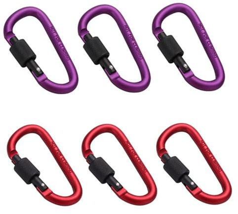 Granmagazz Moschettone Portachiavi, 6 Pezzi in lega di alluminio, Moschettone multifunzione, Chiusura a vite, D Forma, Rosso e Viola