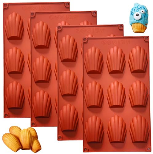 Madeleine - Moldes para hornear, 4 bandejas antiadherentes de silicona con 9 cavidades para hornear, moldes de magdalena con forma de concha