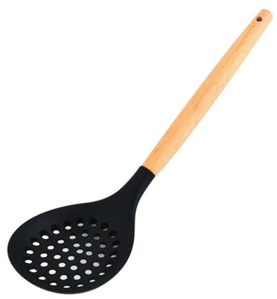 Silicone Skimmer Spoon, Non-Stick Silicone Slotted Skimmer Spoon, with Heat-Resisting Comfortable Wooden Handle, Durable Draining Spoon for Kitchen Cooking, Vegetables(Color:1pc, Black)