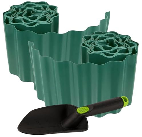 2 Pack Garden Lawn Edging Border (18m / 59ft Total) – Flexible Plastic Garden Edging Strip 15cm Tall + Plastic Trowel with Non Slip Thumb Grip – Lawn Border Tool Set