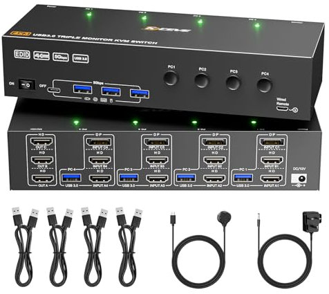 KVM Switch 3 Monitors 4 Computers 4K@60Hz,EDID Simulation,KVM Switch Triple Monitor for 4 Computer Share 3 Monitor and 4 USB3.0 Ports Keyboard Mouse Printer, Wired Remote and 4 USB Cables Included