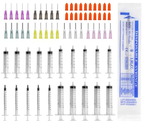 AYSYR Spruta med nål i olika storlekar – 20 stycken sprutor set med 30 stycken trubbiga nålar, syringar med lock för vätskor för djurfoder, laboratorier, medicinproduktion