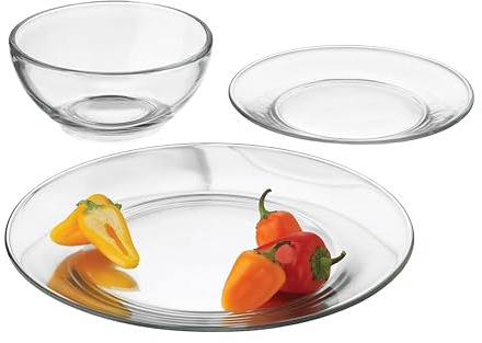 Libbey Round 12 Piece Glass Dinnerware Set, Stackable Glass Plate and Bowl Set w/Round Shape, Modern Plates and Bowls Sets for Gatherings, and Everyday Use