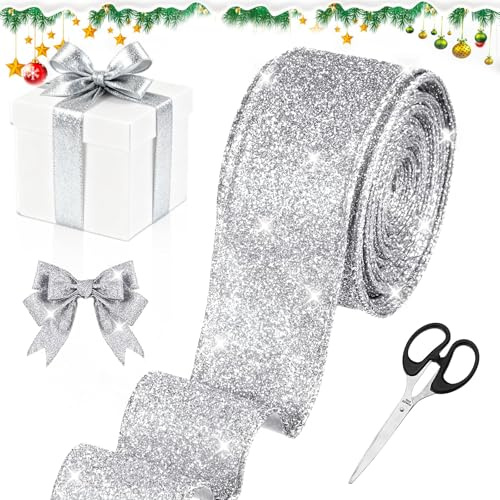 Koxtyzo Silber Schleifenband mit Draht 10M, Geschenkband Glitzer mit Schere für Weihnachten, Dekoband für Weihnachtsbaum, Geschenke & Kränze