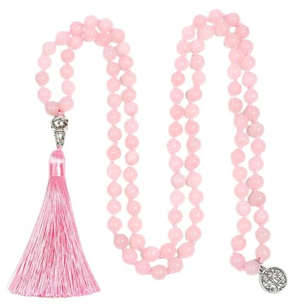 Generisch 108 Mala-Perlen-Knotenkette für Damen und Mädchen,Natürliches Rosenquarz-Armband,Lange Halskette Mit Quaste,Gebet,Spirituelle Meditation,Schmuck,Geschenke,8 Mm Lebensbaum-Anhänger