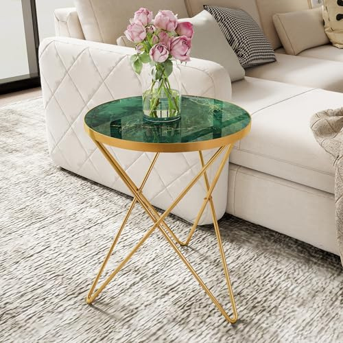 HOLTICO Beistelltisch rund Couch, Sofatisch für Wohnzimmer, Grün Gold | Modern Runder Couchtisch, Wohnzimmertisch, Kleiner Tisch mit Marmormuster