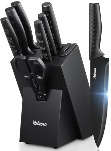 Yabano Knife Set with Block, 8 Piece Stainless Steel Kitchen Knife Set with Built-in Sharpener, Sharp Black Knives with Ergonomic Handle, Rust Resistant & Dishwasher Safe