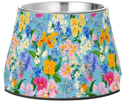 Wasser- und Futternapf für mittelgroße Hunde, Motiv: Blumen, Orchidee, Stiefmütterchen, Hyazinthen, Blau