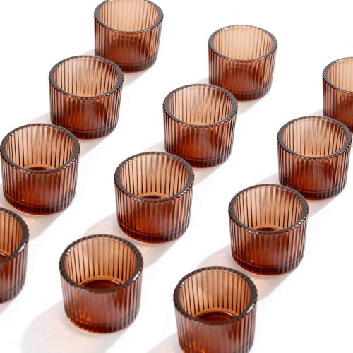 FUND AMLIGHT 12 Stück Braune Teelichtgläser, Votivkerzenhalter aus Glas für Tischdeko Hochzeit Weihnachten, Kerzenhalter für Zuhause Garten Party