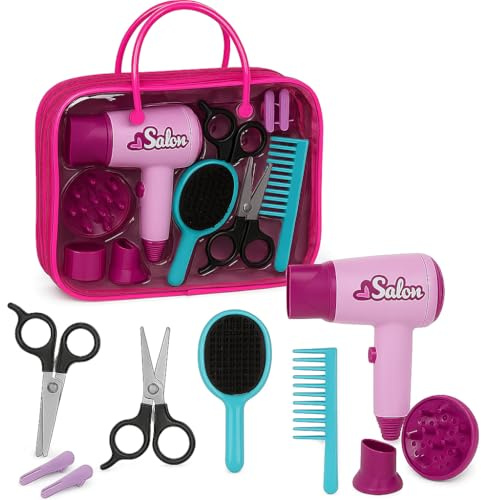 Kids Salon Role Play Set – Working Toy Hairdryer with Nozzle & Diffuser Attachments, Brush, Comb, Scissors & Hair Clips in Clear Carry Case – Pretend Hairdresser Beauty Playset for Children 3+