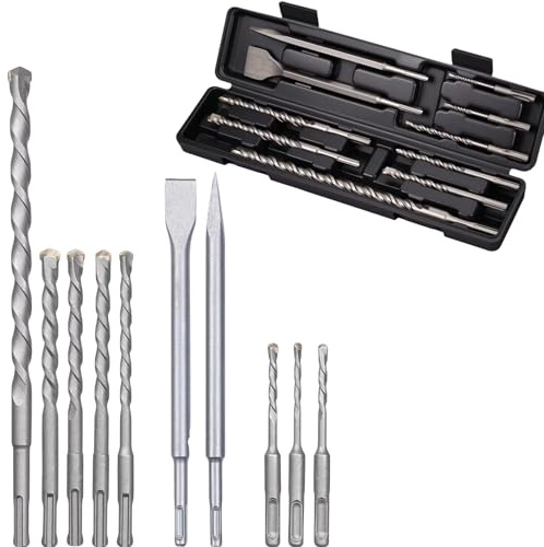 Topolenashop Brocas SDS Plus, 10 piezas con cinceles para taladro de percusión para hormigón, ladrillo, mampostería, mármol, granito – Funda incluida VHT02599