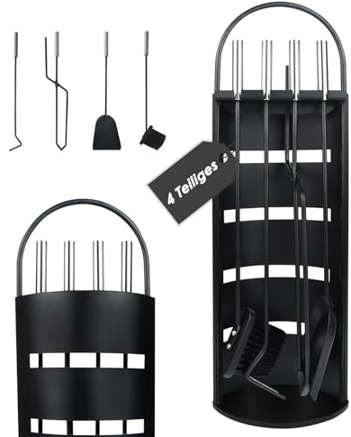 Suusolny Kaminbesteck Mit 4 teilig modern kaminofen zubehör-Schürhaken, Kaminschaufel, Ascheschaufel, Ständer,Mit griff Kamin besteck set - Halbkreisförmig(Schwarz)