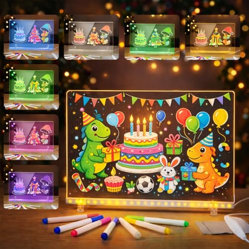 LED Zeichenbrett Kinder 30x20cm, Led Maltafel Kinder USB Leuchtendes | Abwischbar, Schalter, 7 Statische Farben, 3 Blinkmodi, mit 7 Marker, Ständer, Malen, Notizblock, Kindergeschenke