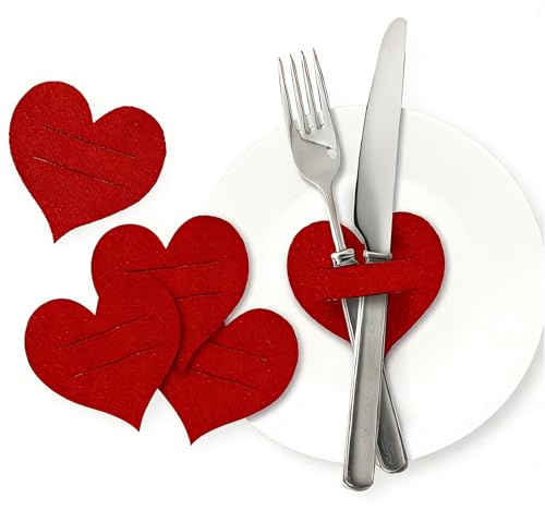 Fesnova 10 Stück Filzherzen Aufbewahrung Besteck, Rot Utensilienhülse, Tischdekoration Besteck, für Valentinstag, Tischdekorationen
