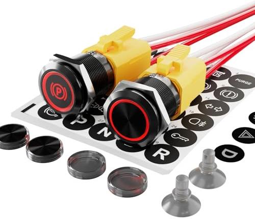 FILN 2Stück 22mm Wasserdicht Schalter Metall Drucktaster 12-24V 20A Rot | 1NO1NC LED Druckschalter mit Kabelbuchse Stecker Druckknopf DC IP65 mit 185 austauschbaren Symbolen Für Auto,Boot,Industrie