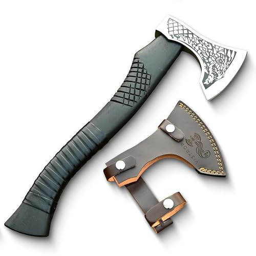 Wikinger Axt handgeschmiedet – Drachen Gravur, Kohlenstoffstahl, Rosenholz