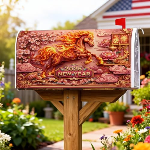 Cubiertas magnéticas para buzón de correo con diseño de caballo, cerezas tradicionales y festivas, lirio de agua, Año Nuevo, protector de poste de buzón naranja para decoración de césped, 53 x 64 cm