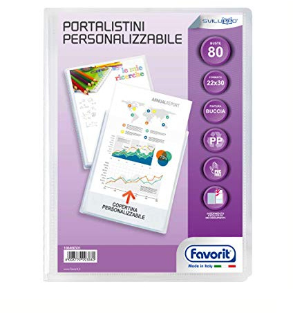 Favorit Portalistino con Buste Fisse e Tasca Frontale Personalizzabile - Fogli 80 trasparenti - 22x30 cm A4