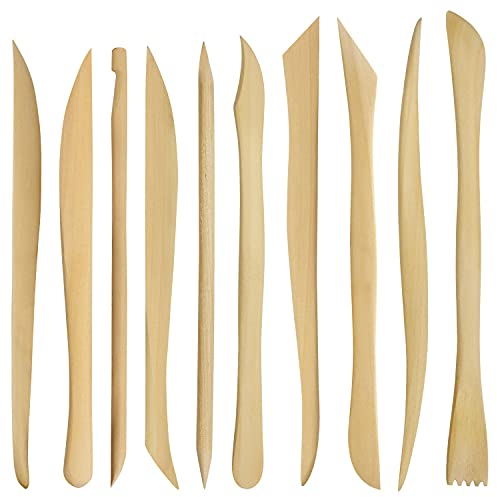 Kurtzy Holz Modellierwerkzeug Ton Set (10er-Pack) 14,4-16 cm Modelier Werkzeugset für Keramik Ton/Polymer-Ton zum Basteln - Doppelend-Töpfern Zubehör zum Schnitzen, Formen, Prägen, Formen, Glätten