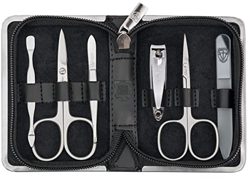 DREI SCHWERTER Germany Nagelpflegeset ´Ferrara` 6-tlg. Maniküre Pediküre, Maniküreset ECHT Leder schwarz| Inhalt: Nagelschere, Hautschere, Nagelknipser, Glasnagelfeile, Nagelreiniger, Pinzette