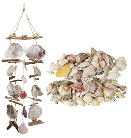Relaxdays 2 teiliges Deko Set, Windspiel Treibholz mit Capiz-Muscheln, Muschel Mix mit Schnecken, großes Klangspiel, Stranddeko | Muschel Mix mit Schnecken, großes Klangspiel