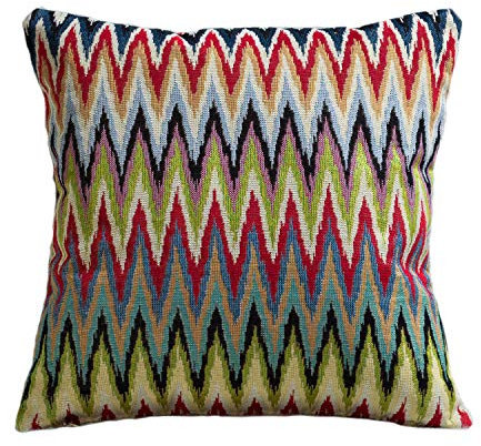 Tapestry Double Sided Cushion Cover. 17x17 Square Multicoloured woven chevron design. Modern contemporary traditional Turkish Kilim Style Weave pillow case cover. Woven green red blue.