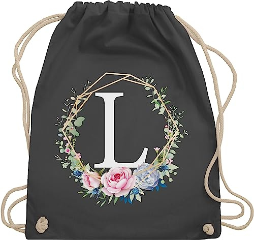 Turnbeutel Rucksack - Geschenk Initialen - Tasche - Blumenkranz mit Buchstabe L - Unisize - Dunkelgrau - turnsäckchen wechselkleidung turnsackerl kindergarten buchstaben blumenmuster beutel