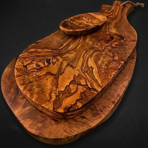 What the Art!® Olive Wood «Serrano Set» Gr. XL | 2 Olivenholz Schneidebretter inkl. 2 Dip-Schälchen | Handarbeit | ca. 37 x 18 & 45 x 19 cm | Bretterset - Käsebrett - Servierbrett - Küchenset