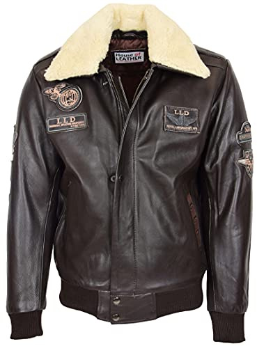 Giacca bomber da uomo in vera pelle con colletto staccabile, stile aviatore Pilot-N, Marrone, M
