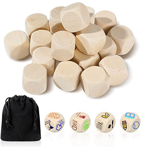 Kasyat 20 Pezzi Vuoti Fai da Te Dadi Non Verniciati Dadi Semplici con Angoli Arrotondati Blocchi a 6 Facce(In Legno,20 mm)