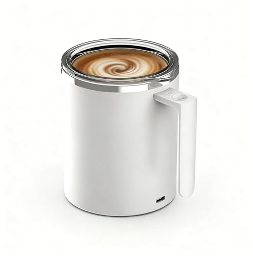 FOXNSK Self Stirring Mug, 360ML Self Stirring Coffee Mug Magnetic Stirring Mug Electric Magnetic Stirring Coffee Mug Electric Mixing Cup Suitable for Coffee/Milk/Hot Chocolate (White) | Electric Mixing Cup with Magnetic Stir Bar, 20s Automatic Stop, Rechargeable, Stainless Steel, for Coffee, Milk, Cocoa