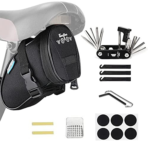 WOTOW Bike Repair Tool Kit & Bike Saddle Bag, 14 in 1 Bike Chain Tool Hex Key Wrench Maintain Accessories Multitool Set with Portable Under Seat Bag for Road Mountain Commuter Bicycle(With Patch)