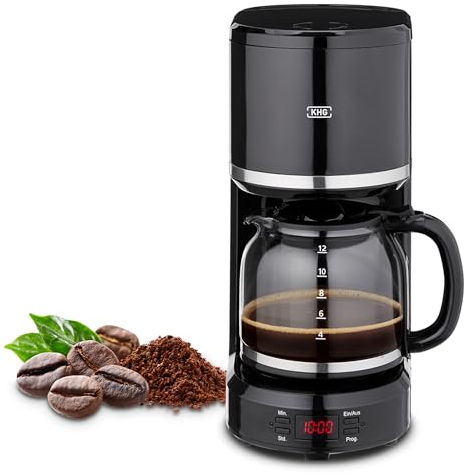 KHG Kaffeemaschine KA-187S in schwarz, Filtermaschine mit Permanentfilter, 12 Tassen, 1,5L, Timer, programmierbarer Startzeit, LED-Display, abnehmbarer Wassertank, Abschaltautomatik