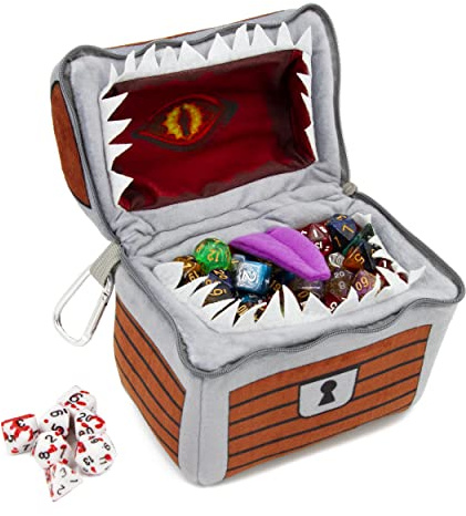 CASEMATIX Mimic Dice Chest and DND Dice Case with 7 Included RPG Dice - 6.5 Mimic Chest Dice Bag with Zipper Closure and Carabiner for 150 Dice, Protective Novelty Dice Holder for Tabletop Dice