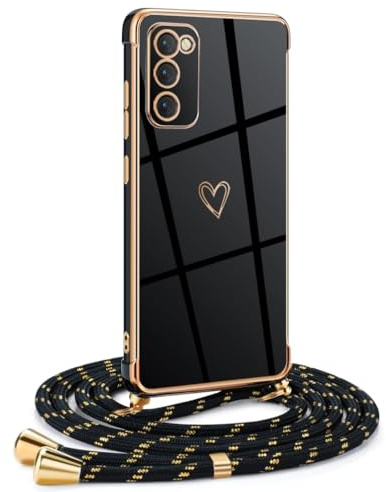 Mkej Frauen Mädchen Handykette Kompatibel mit Samsung Galaxy S20 FE 4G/5G - Silikon Hülle mit Band - Handyhülle für Samsung S20 FE 4G/5G Herz Love Design Galvanik - Hülle mit Kordel in schwarzes Gold