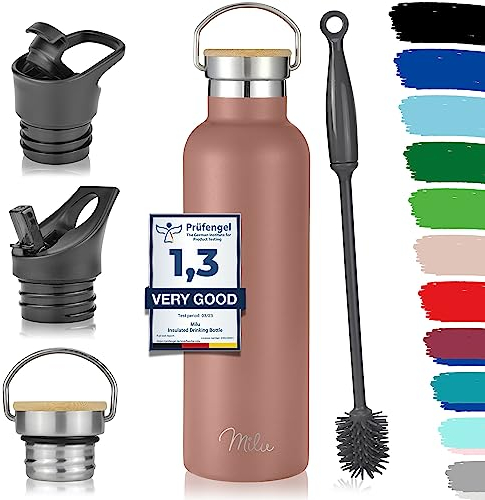 Milu Edelstahl Trinkflasche 350ml 500ml 750ml 1000ml (+3 Deckel) Thermosflasche mit Strohhalm, Isolierte Wasserflasche, Auslaufsichere Isolierflasche doppelwandig (Rose Gold, 750ml)