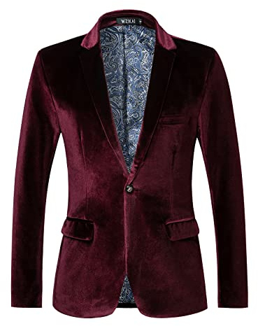 WZIKAI Mens Velvet Blazer One Button Slim Fit Solid Fashion Suit Jacket Sport Coat for Wedding Prom Dinner Party Wine Red XXXL